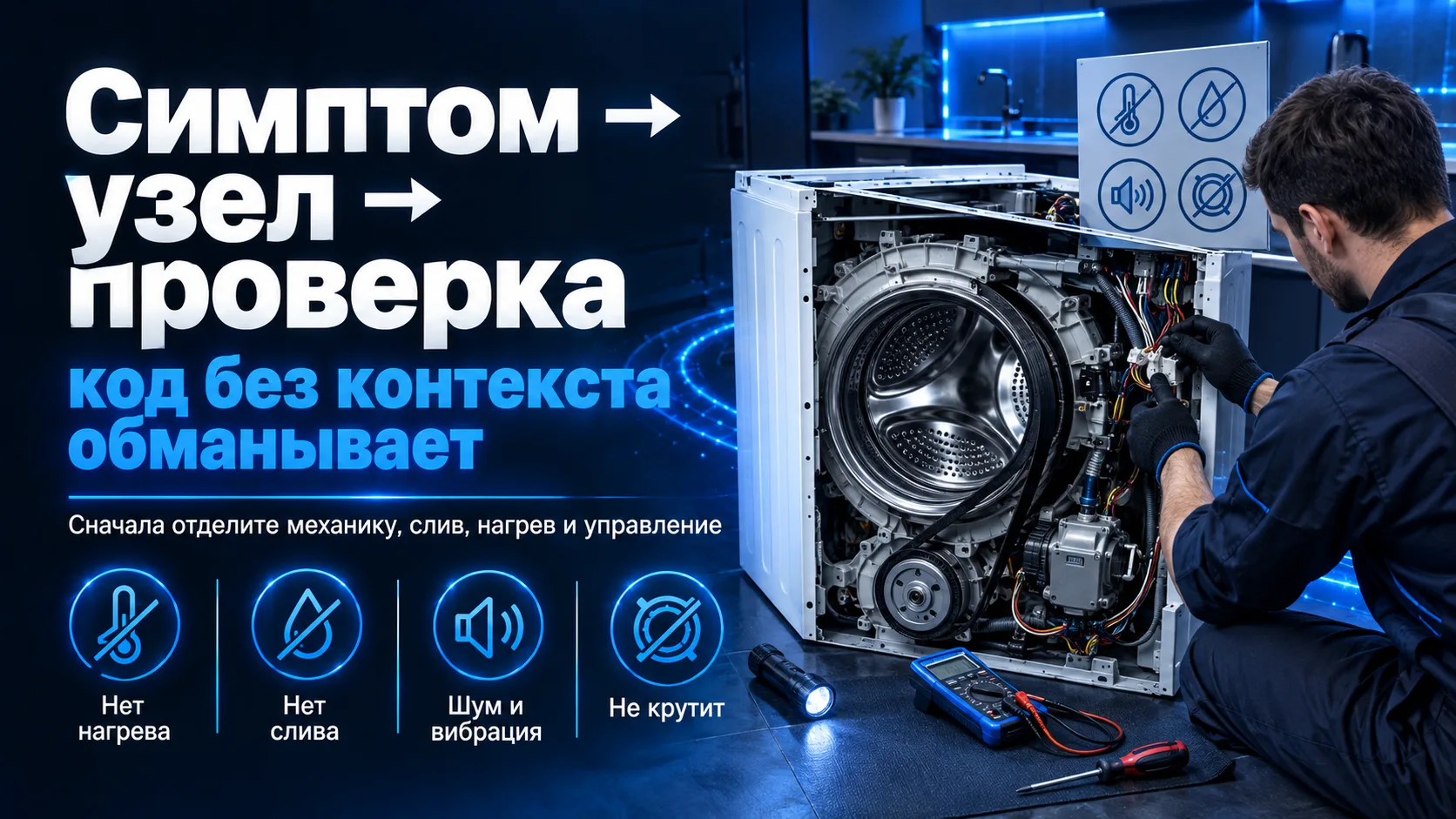 Если машина не греет, не сливает, шумит или не крутит, начинать с кода ошибки опасно: о...