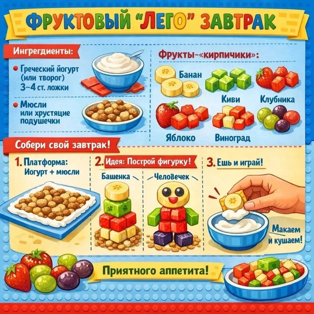 Рубрика «Завтрак, который понравится детям»

Рецепт для доброго утра 🌞

«Фруктовый "Лего" завтрак» 