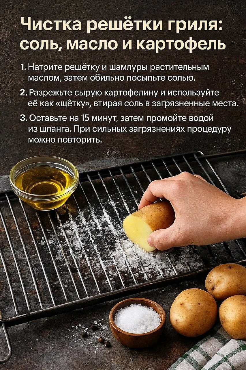 Чистка решётки гриля: соль, масло и картофель