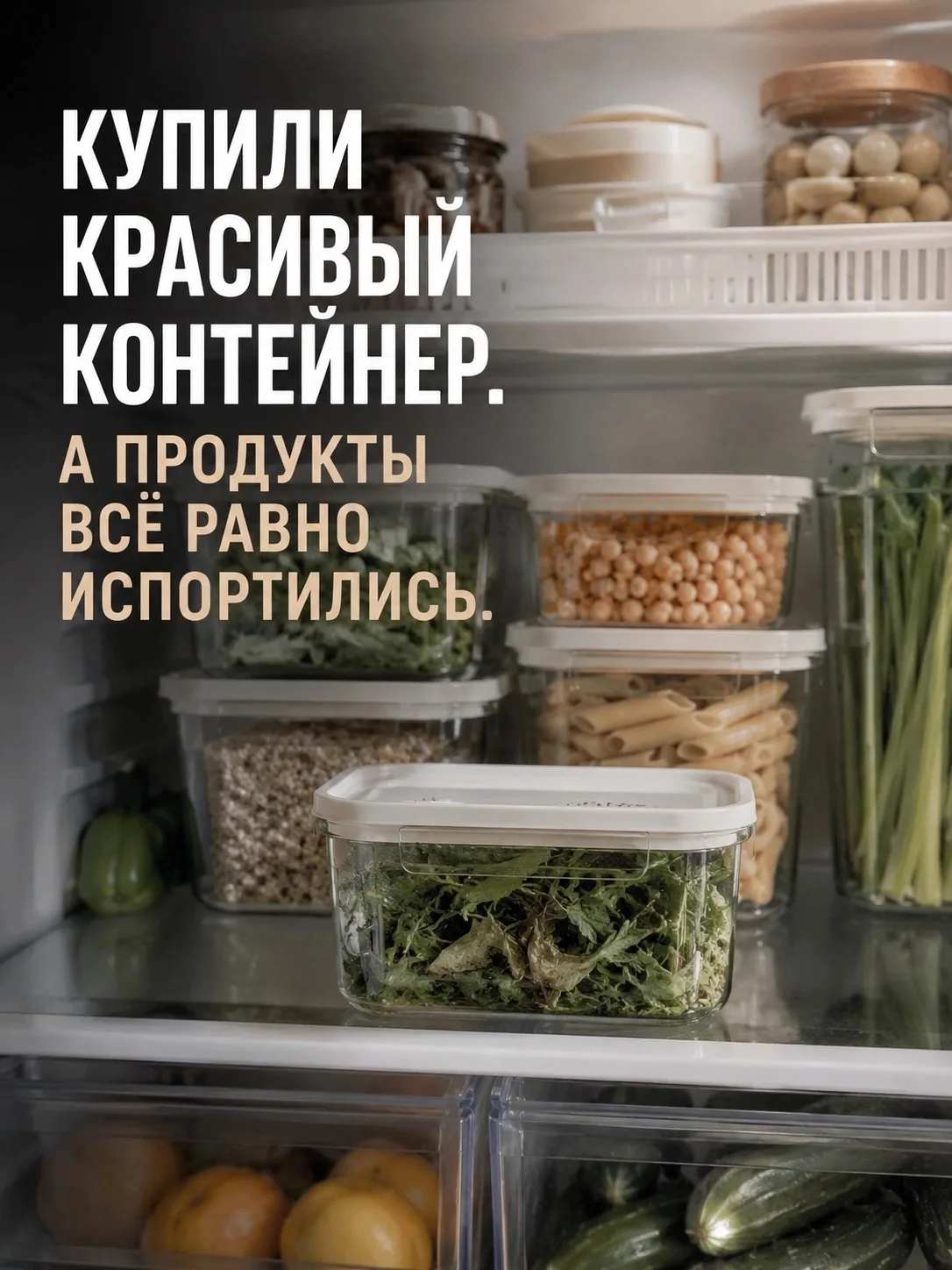 Купили красивые контейнеры.

Навели идеальный порядок в холодильнике.

А продукты всё равно испортил