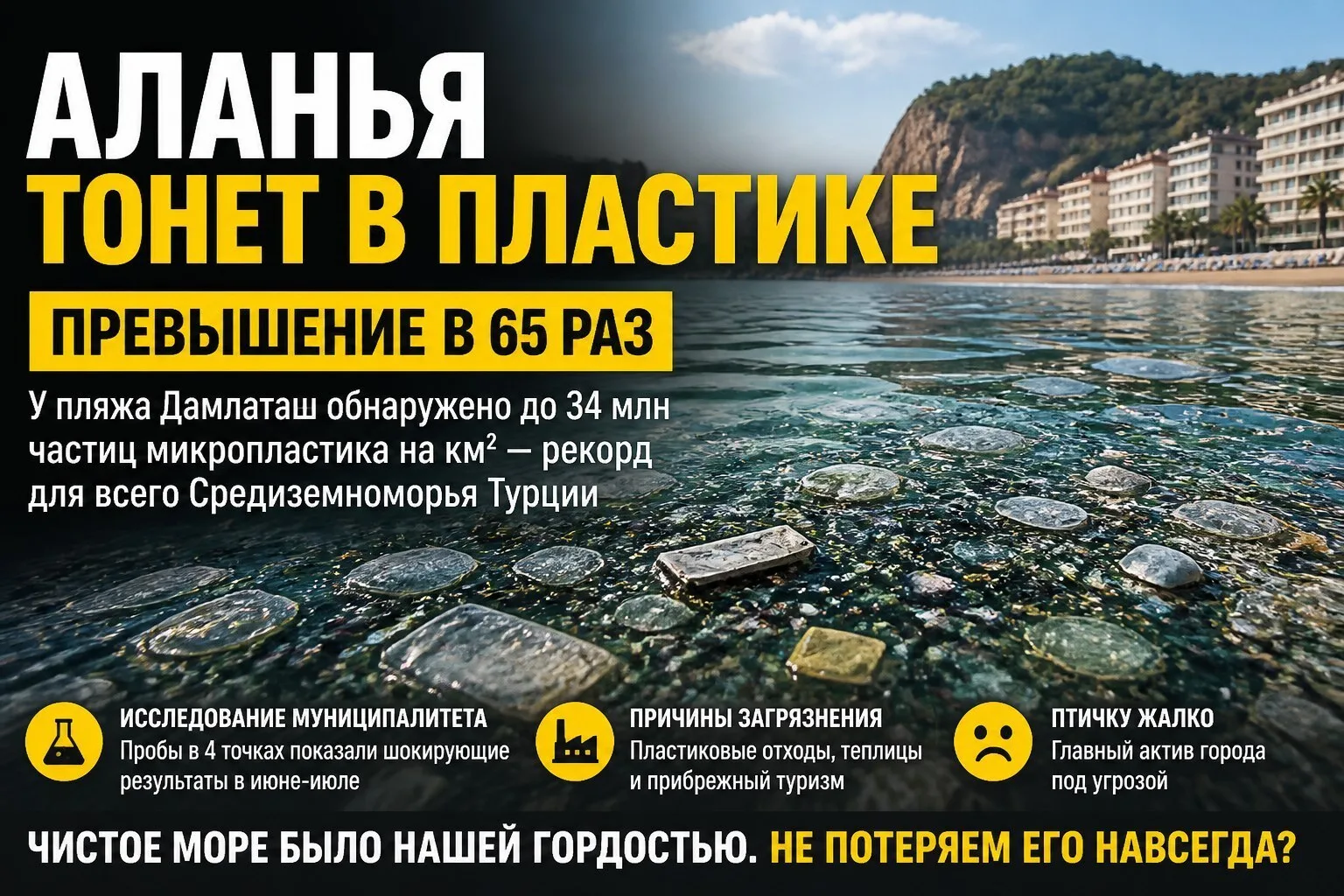 🚨 Загрязнение Аланьи: море стало пластиковым супом — превышение в 65 раз