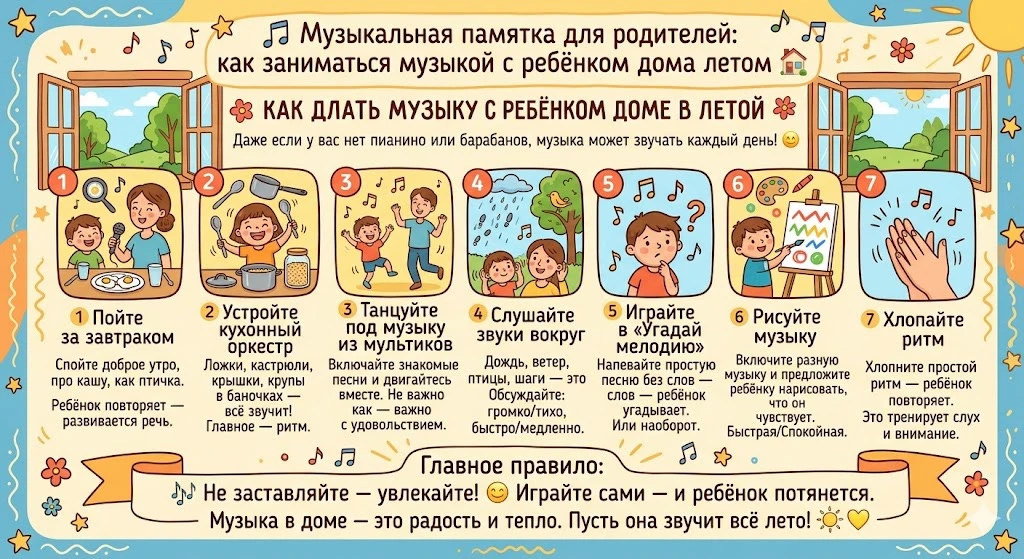 🎵 Музыкальная памятка для родителей: как заниматься музыкой с ребёнком дома летом 🏡☀️

Даже если у