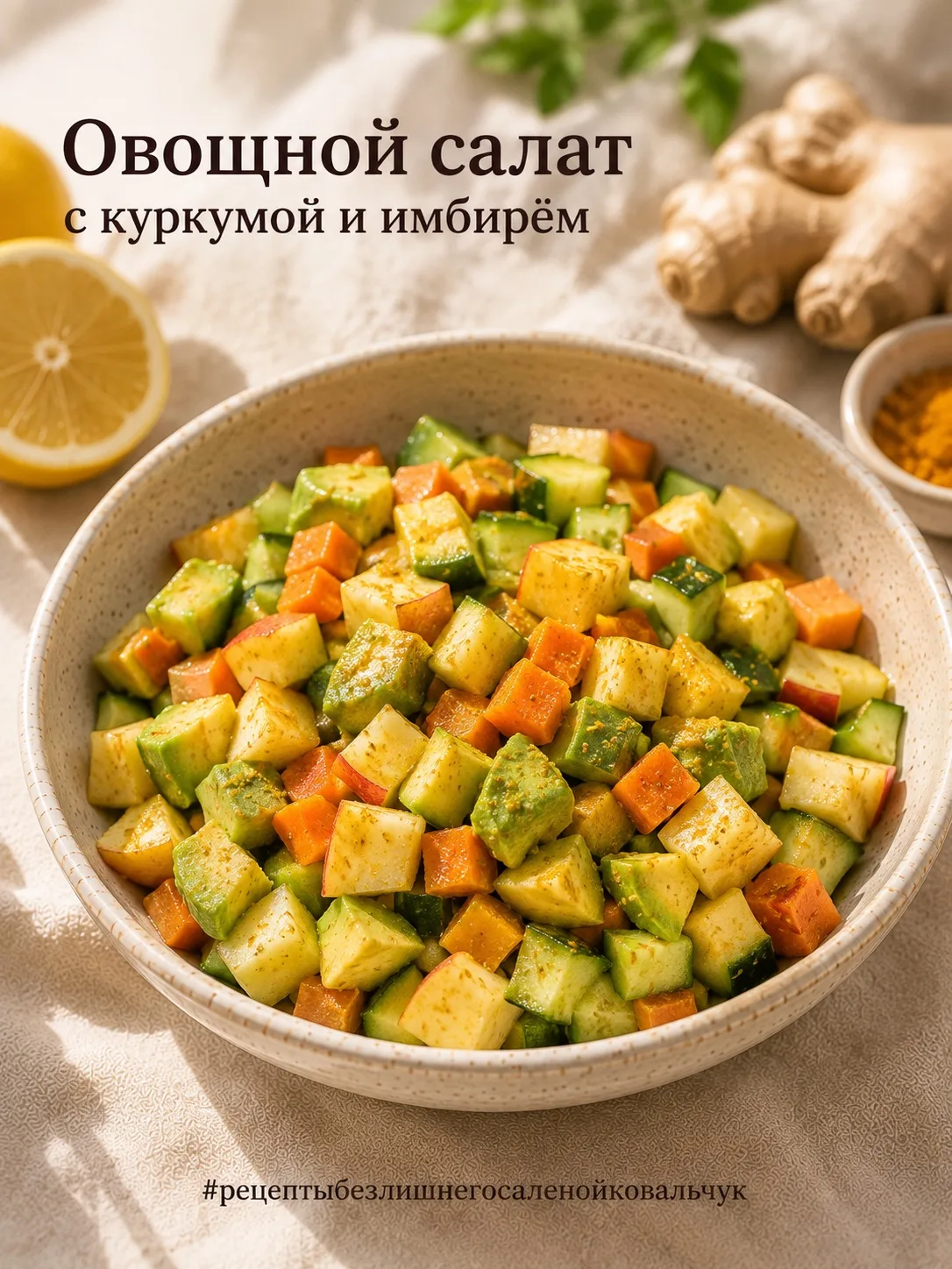 Овощной салат с куркумой и имбирём 
(2 порции)

Ингредиенты:

• 1 авокадо
• 1 огурец
• 1 морковь
• 1