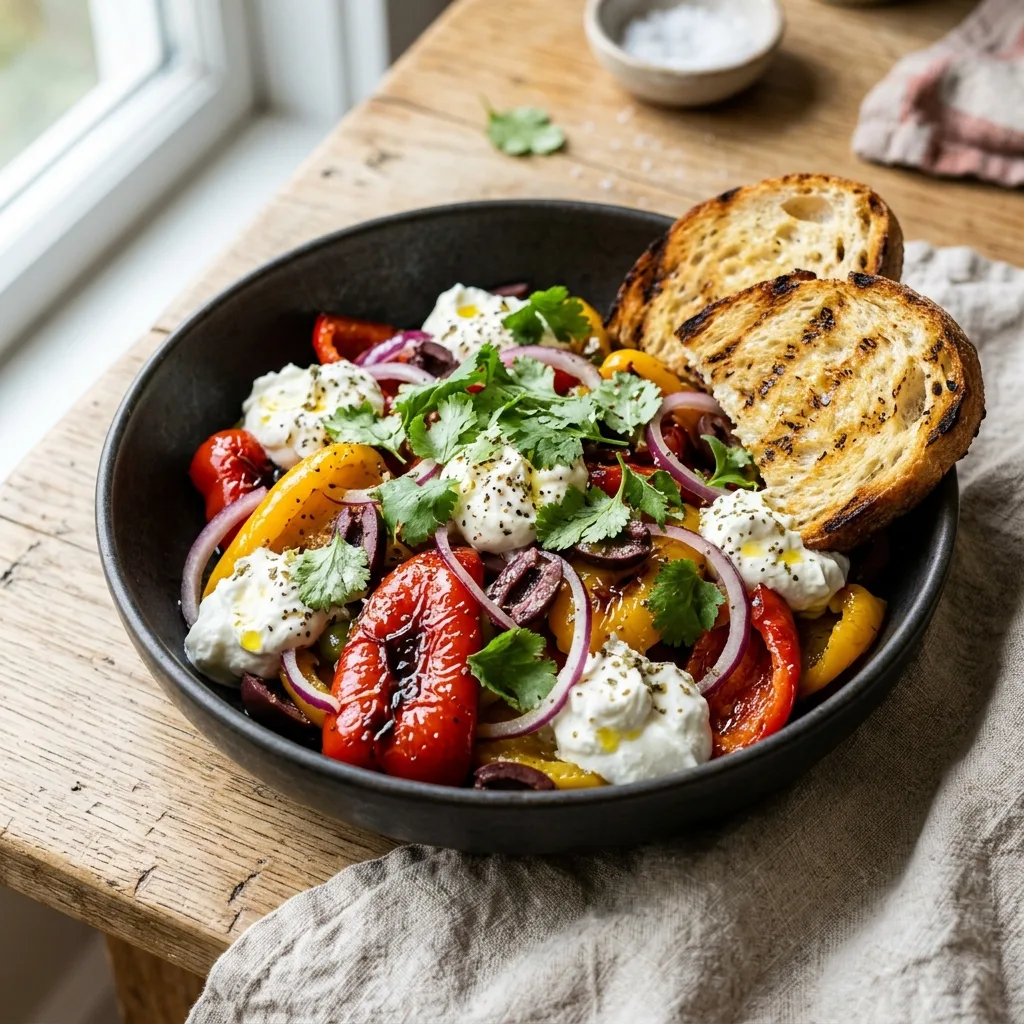 🌿🌶️Салат с печеными перцами

Ингредиенты:
🌶️ Печеные перцы — 600 г (запечь в духовке или на гриле