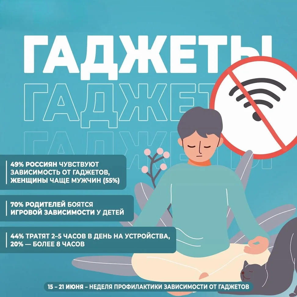 🗓 Неделя профилактики зависимости от гаджетов

44% россиян проводят за устройствами 2–5 часов в ден