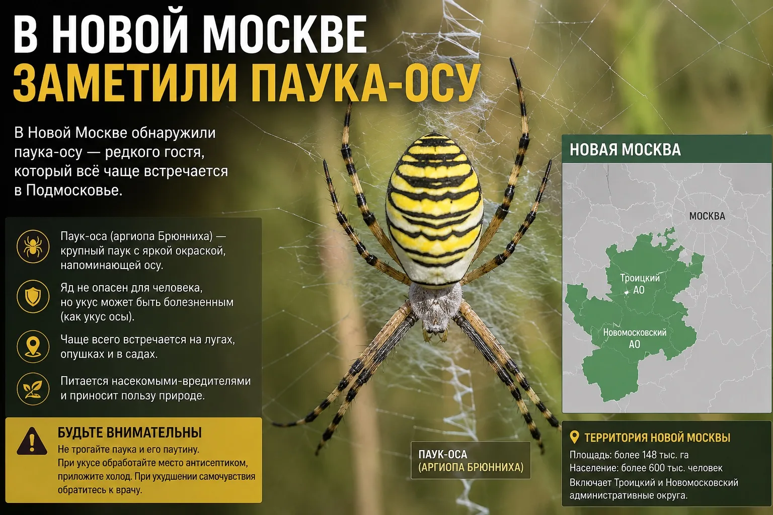 ⚠️ Будьте внимательны: в нашем округе заметили паука-осу!

В окрестностях действительно можно встрет
