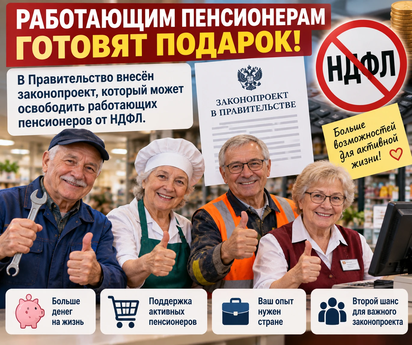 📢 Работающим пенсионерам хотят отменить НДФЛ: зарплата может вырасти на 13%!