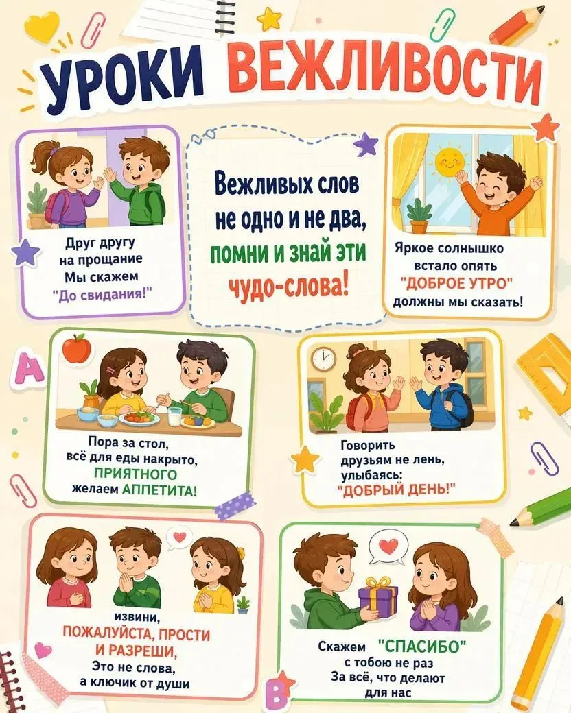 ✨ Уроки вежливости для детей

Вежливые слова — это маленькие ключики к доброму общению ❤️

📌 Обсуди