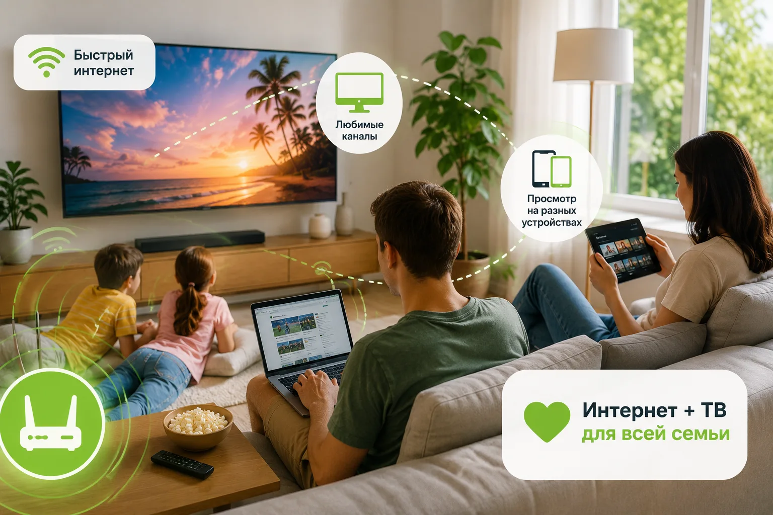 ☀️ Интернет + ТВ: кому это удобно летом?

Летом дома часто собирается вся семья. Кто-то смотрит филь