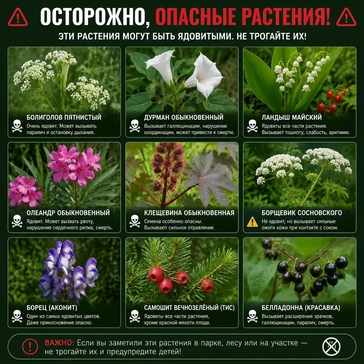 🌿 «Осторожно: опасные растения!» 🌿
Лето — пора прогулок, сбора «букетов» и интересных находок. Но 