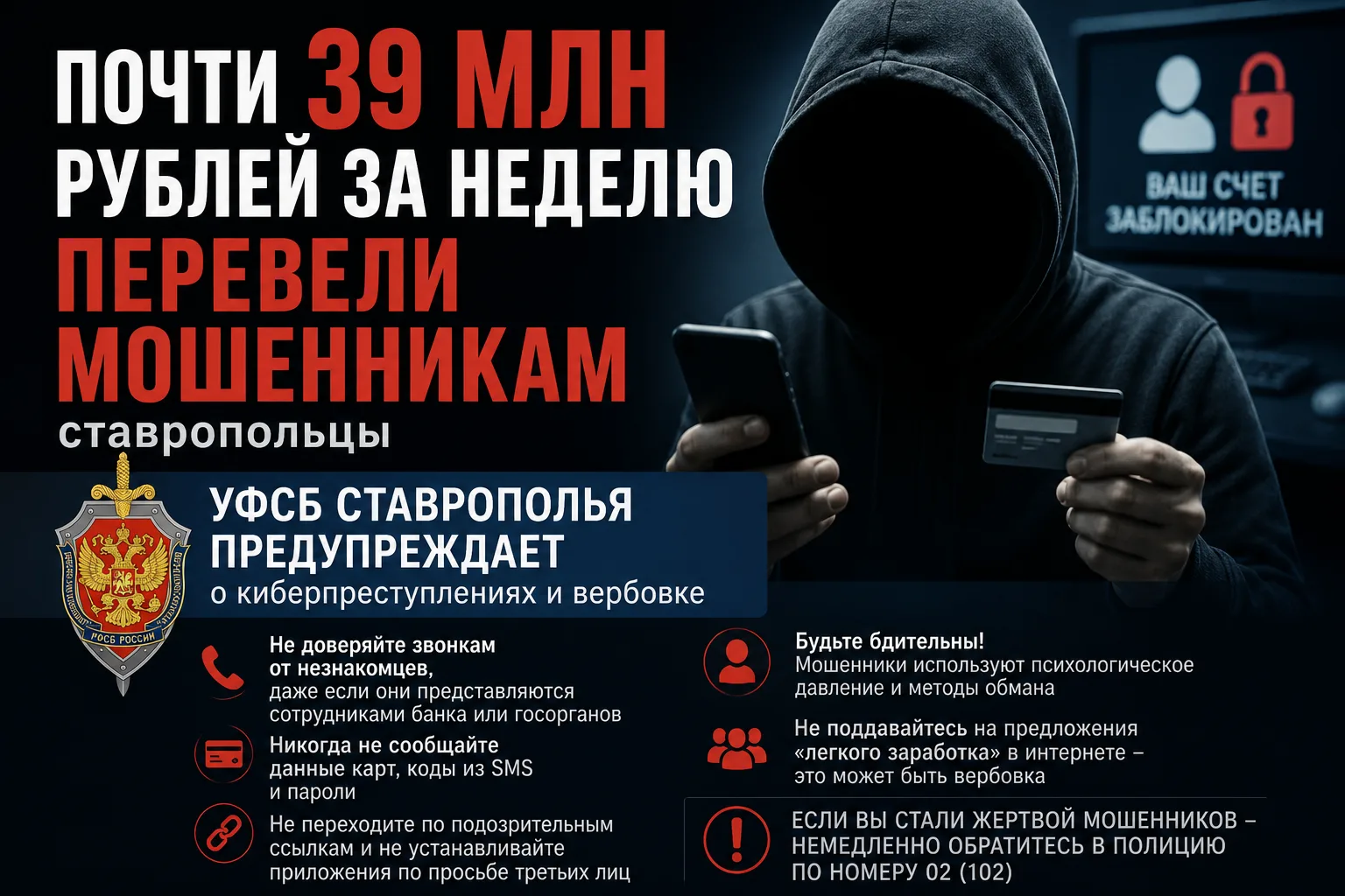 Почти 39 млн рублей за неделю перевели мошенникам ставропольцы

УФСБ Ставрополья предупреждает о киб