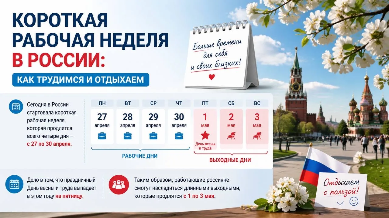 🔴🔵Короткая рабочая неделя в России: как трудимся и отдыхаем  Вчера в России стартовала короткая рабо