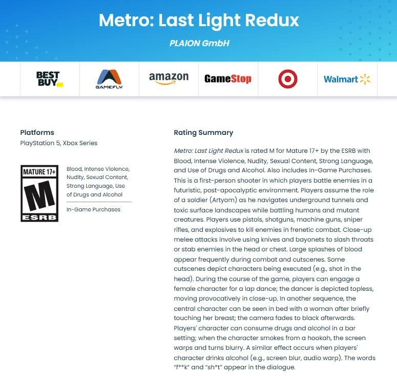 Metro Redux получили рейтинг ESRB для PS5