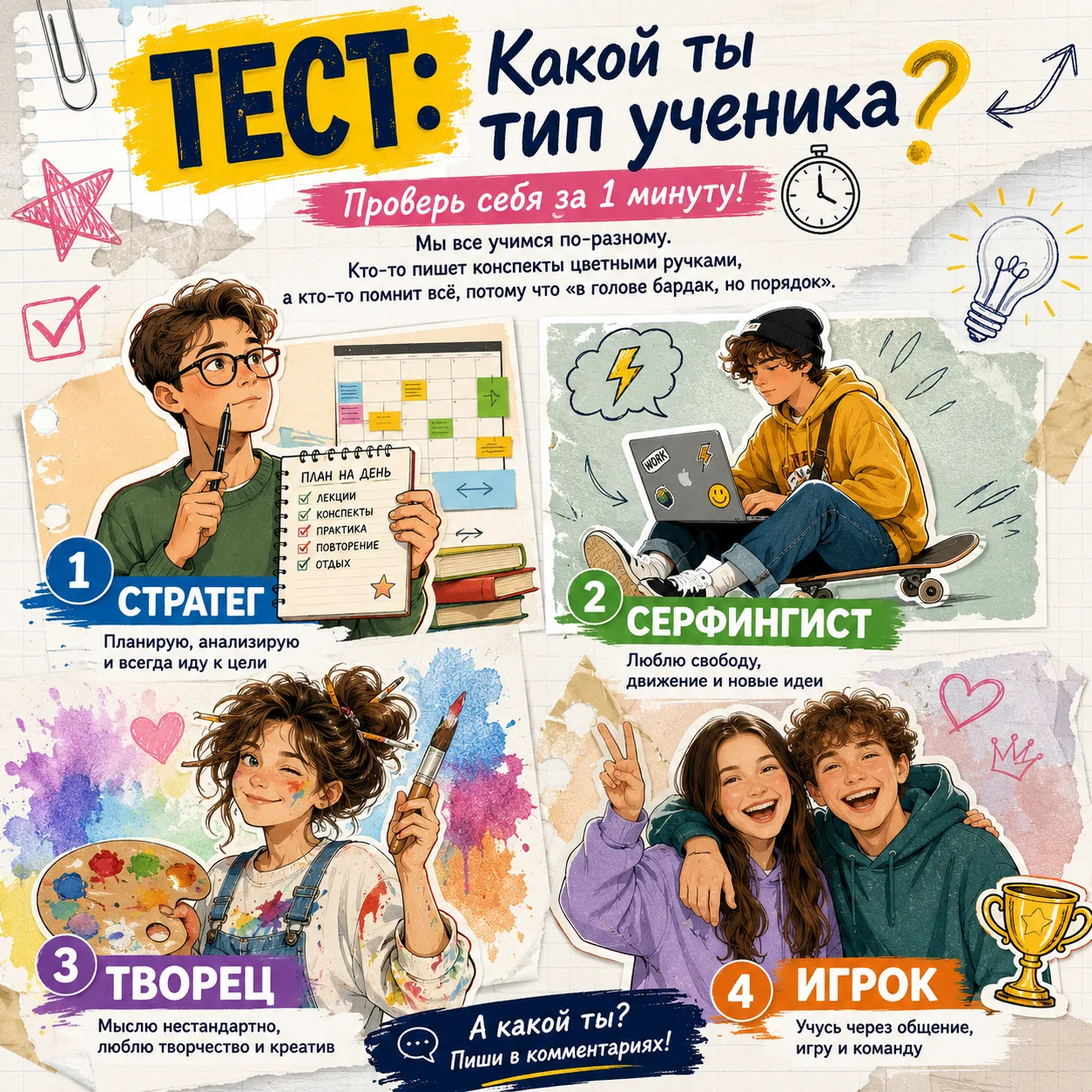🧠 ТЕСТ: Какой ты тип ученика? (Проверь себя за 1 минуту!)