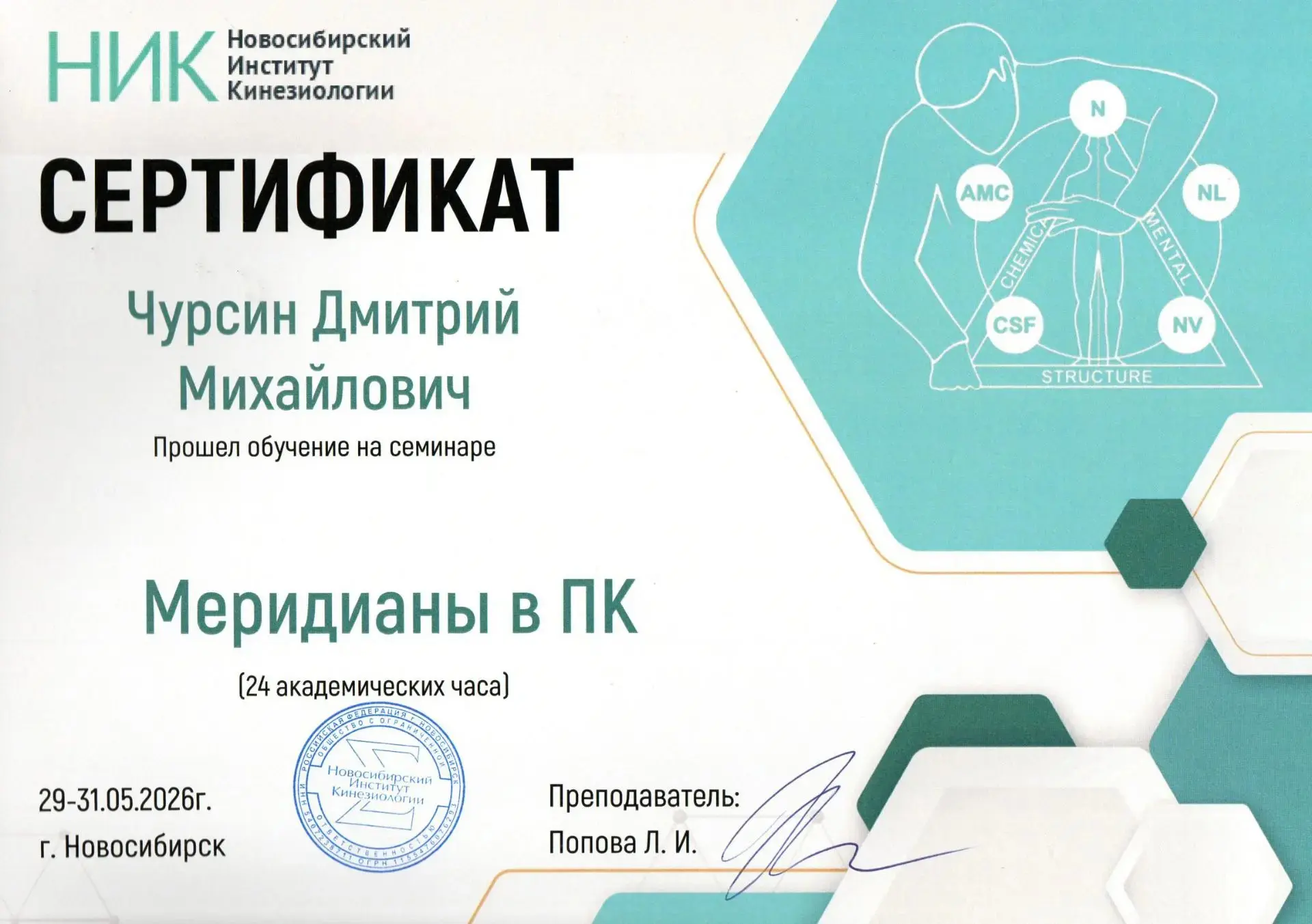 В мае 2026 года прошёл обучение по теме «Меридианы в Прикладной кинезиологии».