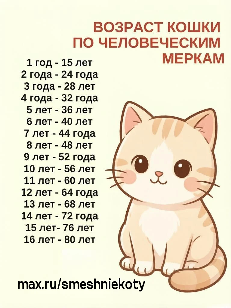 Возраст кошки по человеческим меркам▫️