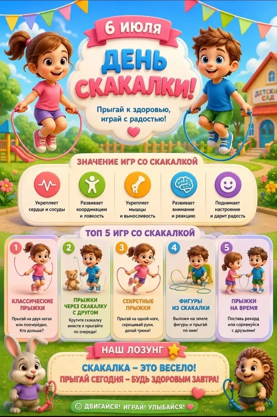Всемирный день скакалки — праздник, который объединяет поколения!

Сегодня, 6 июля, весь мир отмечае