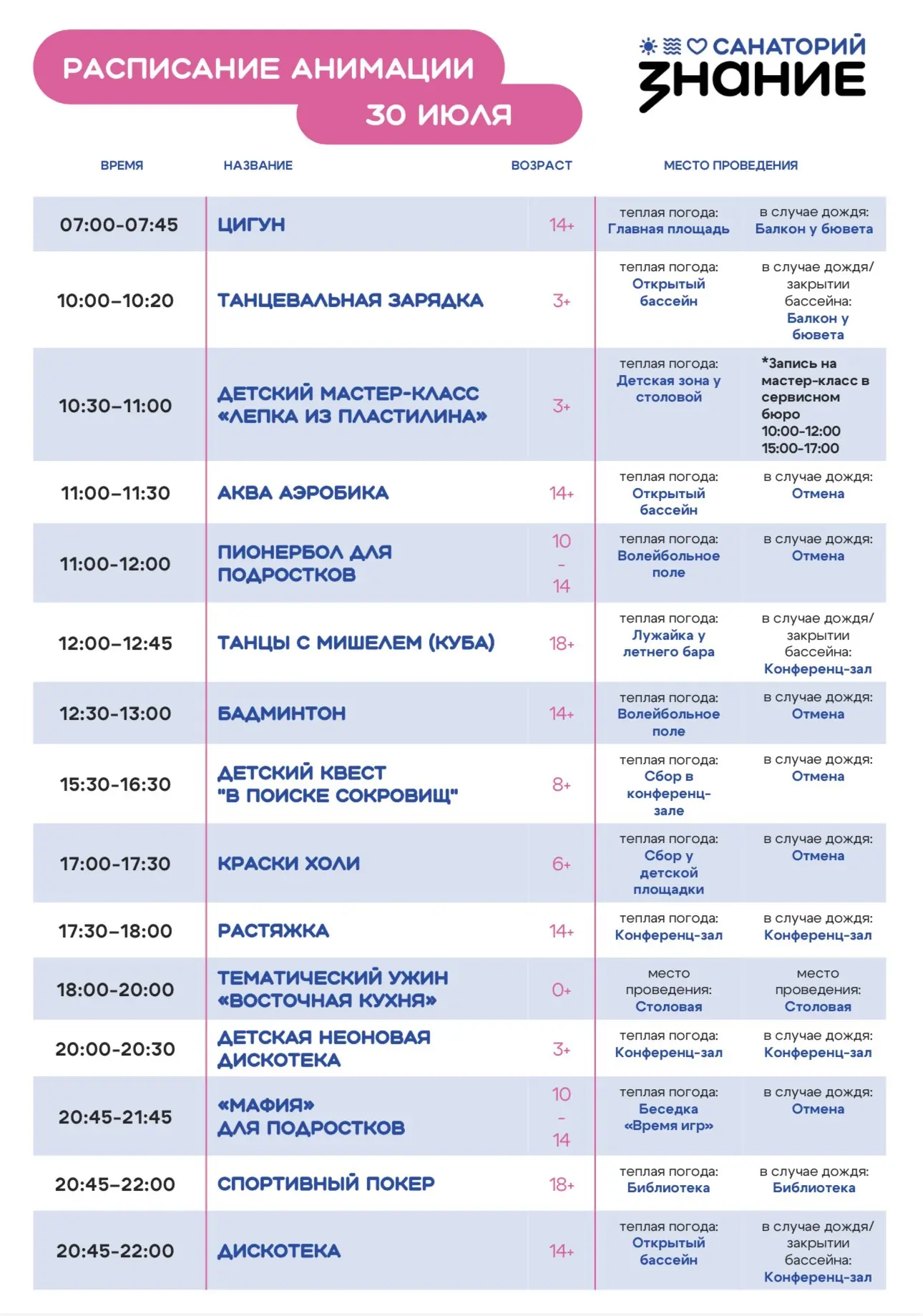 Афиша на 30 июля 

💧 Аквааэробика, пионербол (для подростков), танцы с Мишелем (куба), детская неон