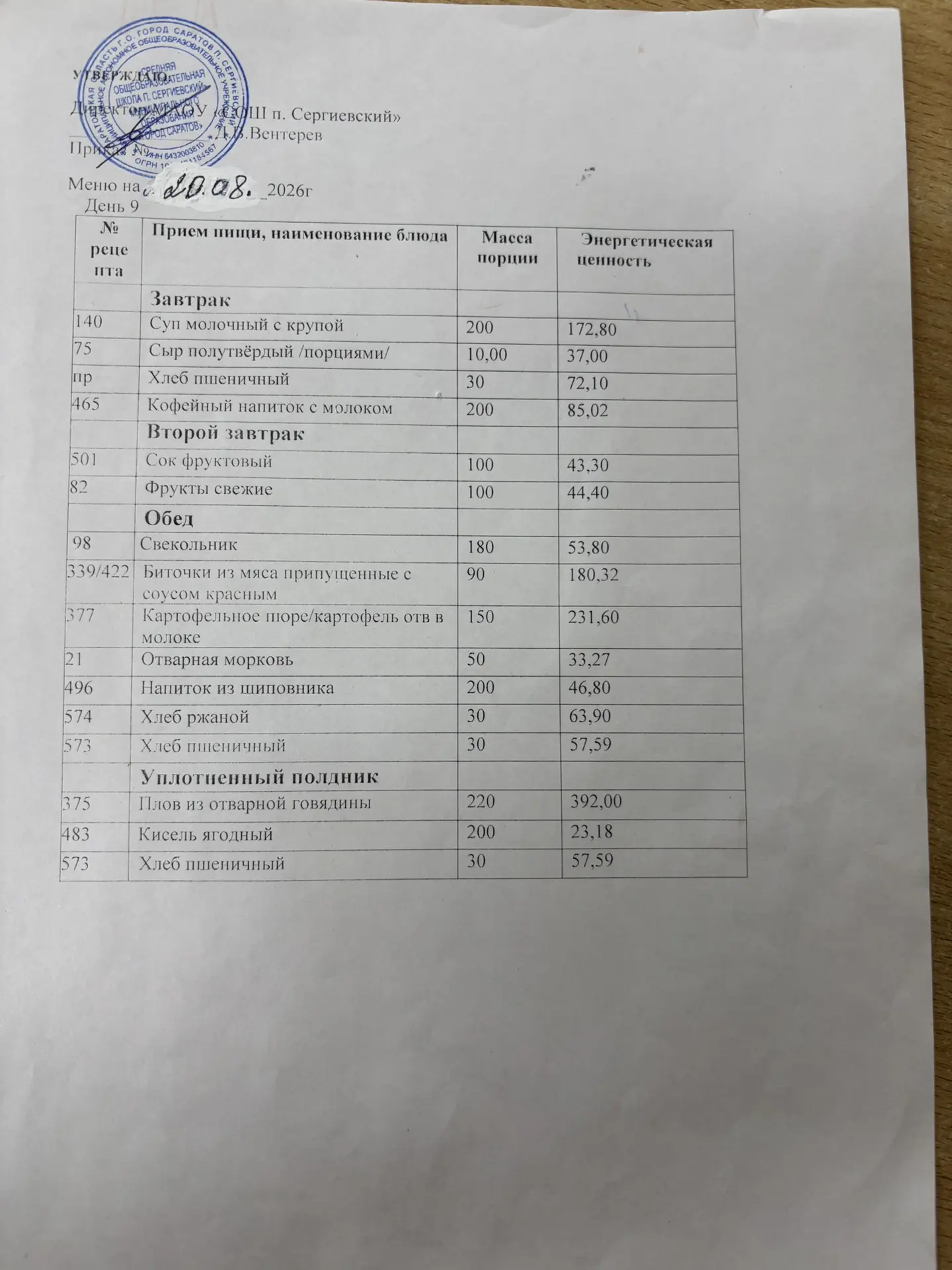Меню.20.08.2026