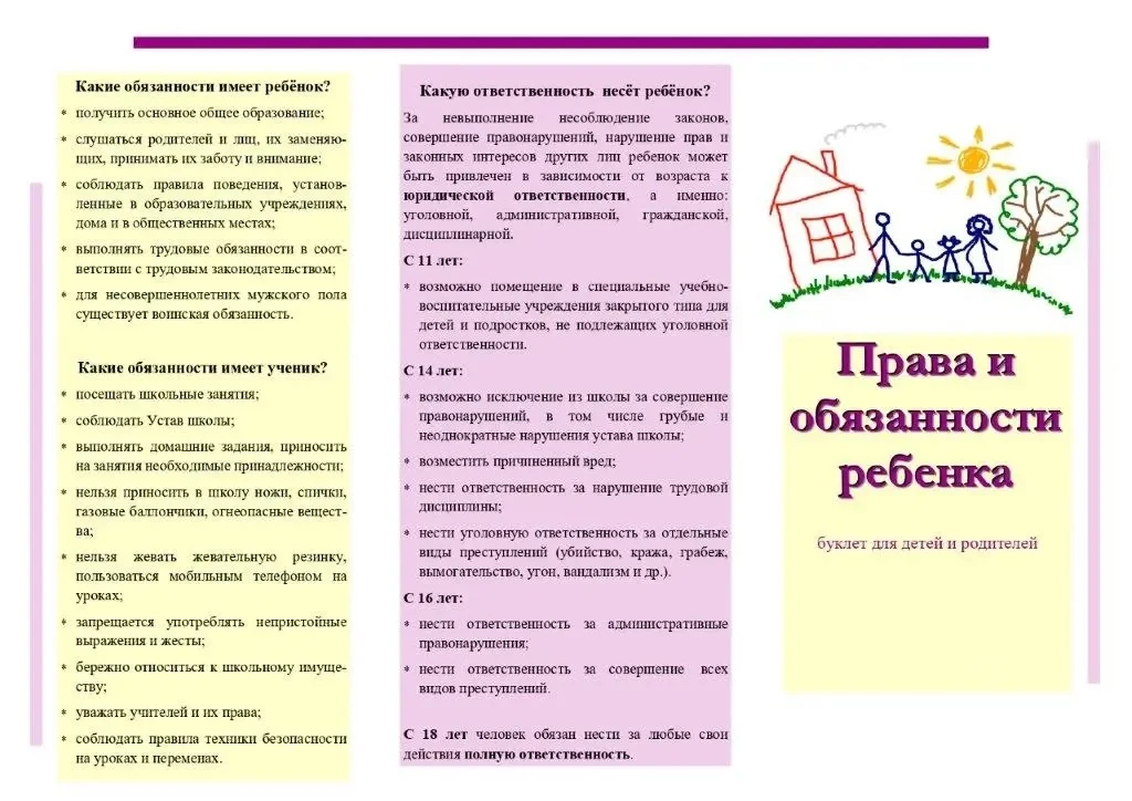 Предлагаем изучить Памятку «Права и обязанности ребенка», рекомендованную Благовещенской Межрайонной