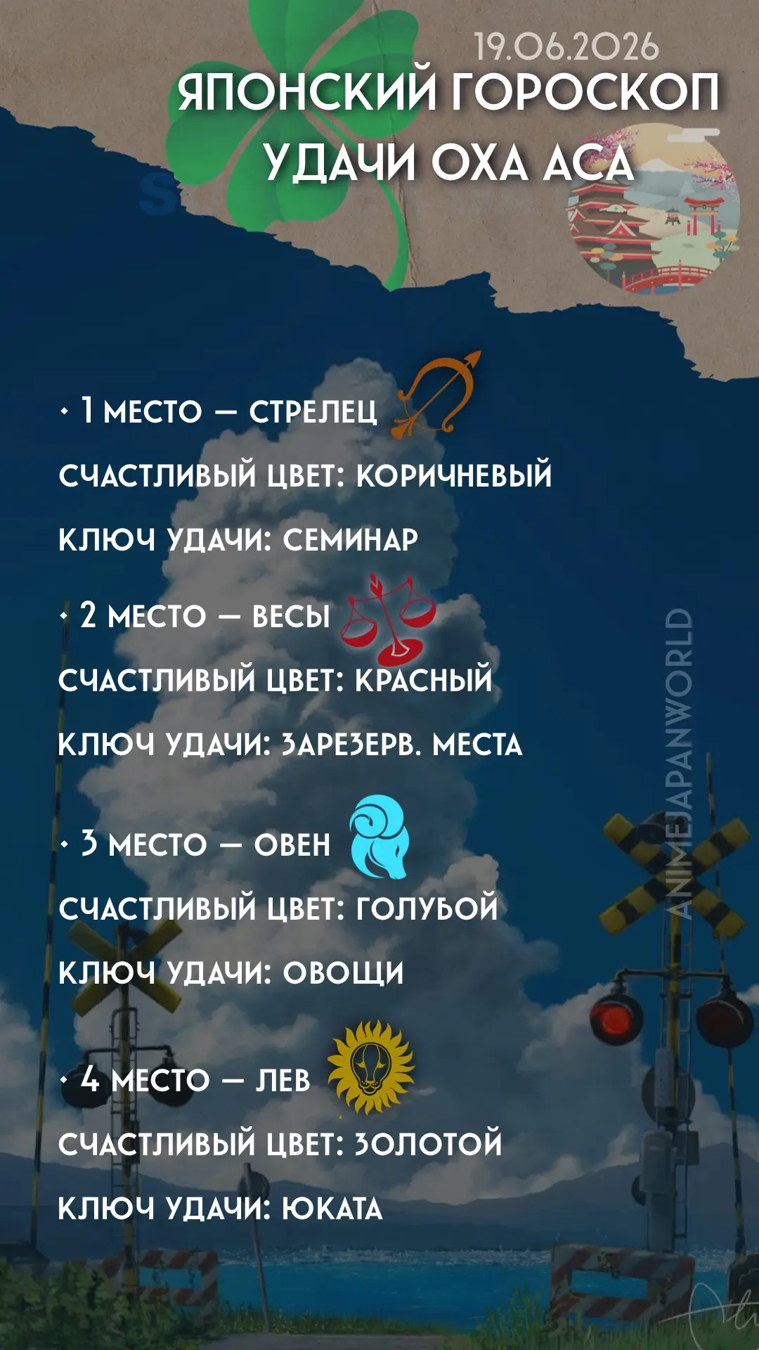 • Японский гороскоп удачи  на сегодня (19.06.2026) 🇯🇵 Всем отличного дня!
С Днём наблюдения за обл