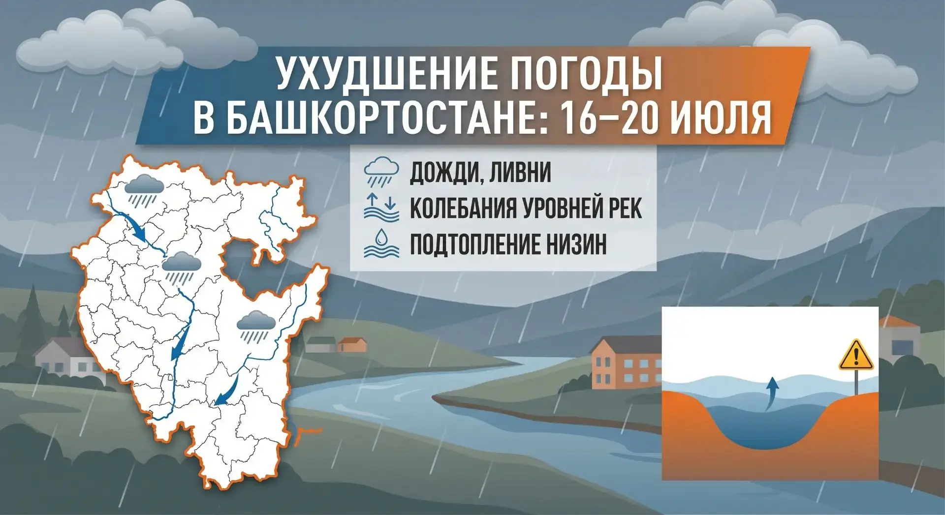 Ухудшение погоды в Республике Башкортостан с 16 по 20 июля.

В связи с циклонической деятельностью п