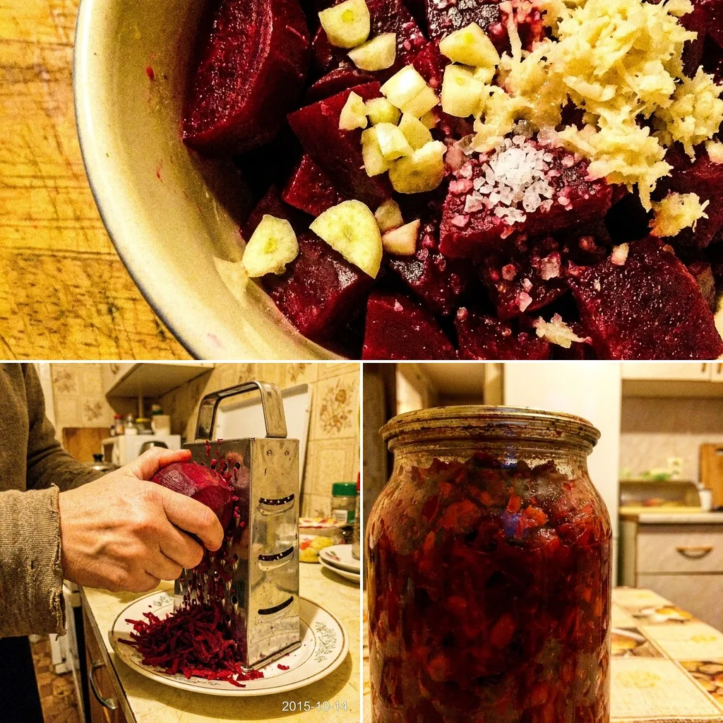 🟣 ЗАКУСКА СВЕКОЛЬНАЯ

Тёртая свёкла с чесноком и хреном — к холодцу, мясу, на бутерброды. Готовится