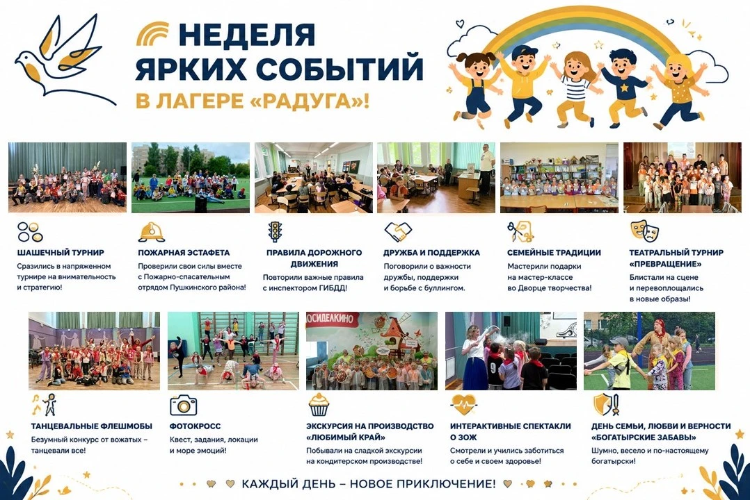 🌈 Неделя ярких событий в лагере «Радуга»!

В нашем лагере некогда скучать! Каждая минута ребят напо