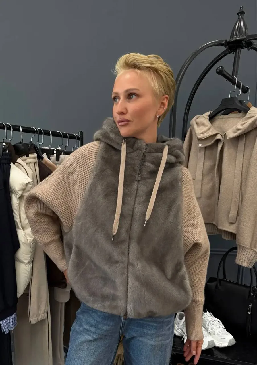 Куртка меховая с капюшоном рукава трикотаж «Brunello Cucinelli»