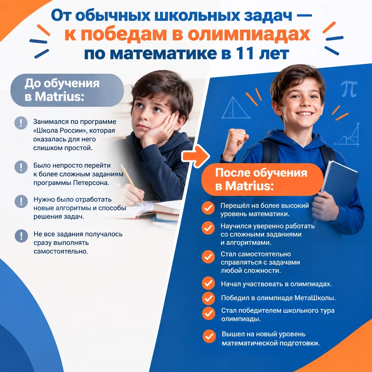🏆 От обычных школьных задач — к победам в олимпиадах по математике в 11 лет.