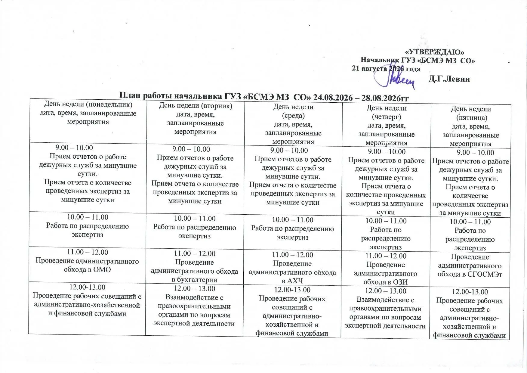 Начальник БСМЭ Д.Г.Левин утвердил план работы на неделю.