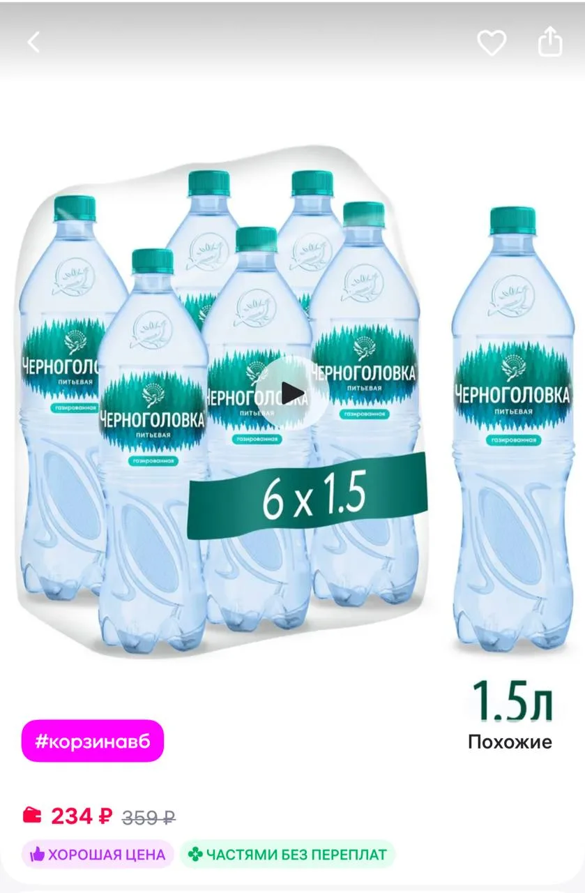 Черноголовка Вода питьевая газированная, 1,5 л * 6 шт