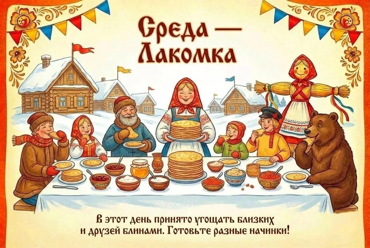 Среду называют «Лакомкой», «Переломом», «Скоромной средой» или «Тещиными блинами». Это ...