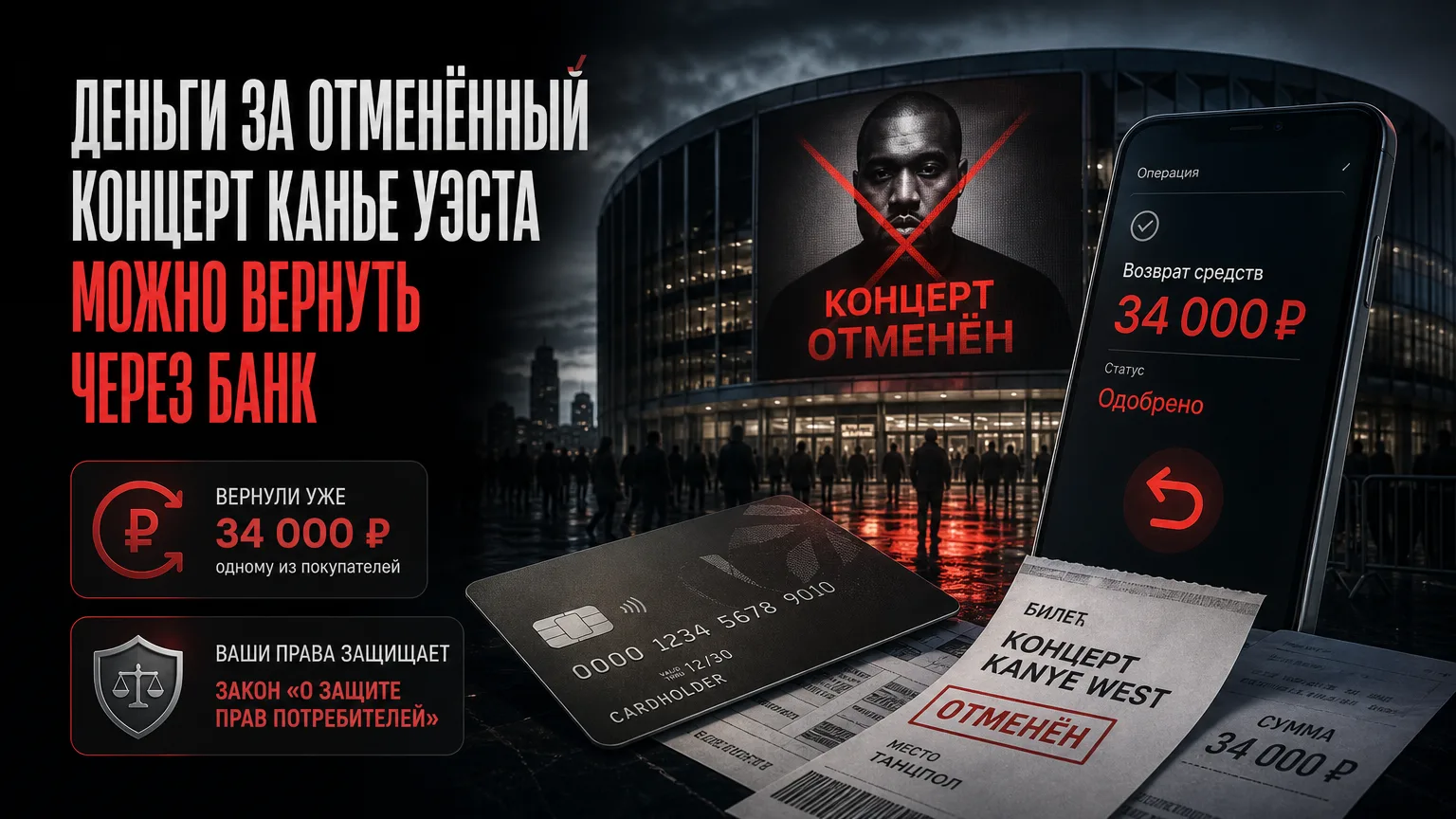 🎫 Деньги за отменённый концерт Канье Уэста можно вернуть через банк