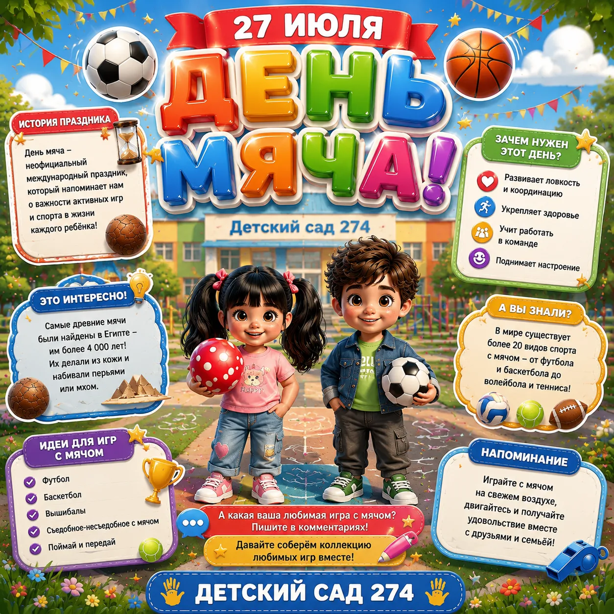 ⚽🏀🏐 27 июля — День мяча! 🎾🥎
Круглый, прыгучий, весёлый — мяч знаком каждому с самого детства! А 