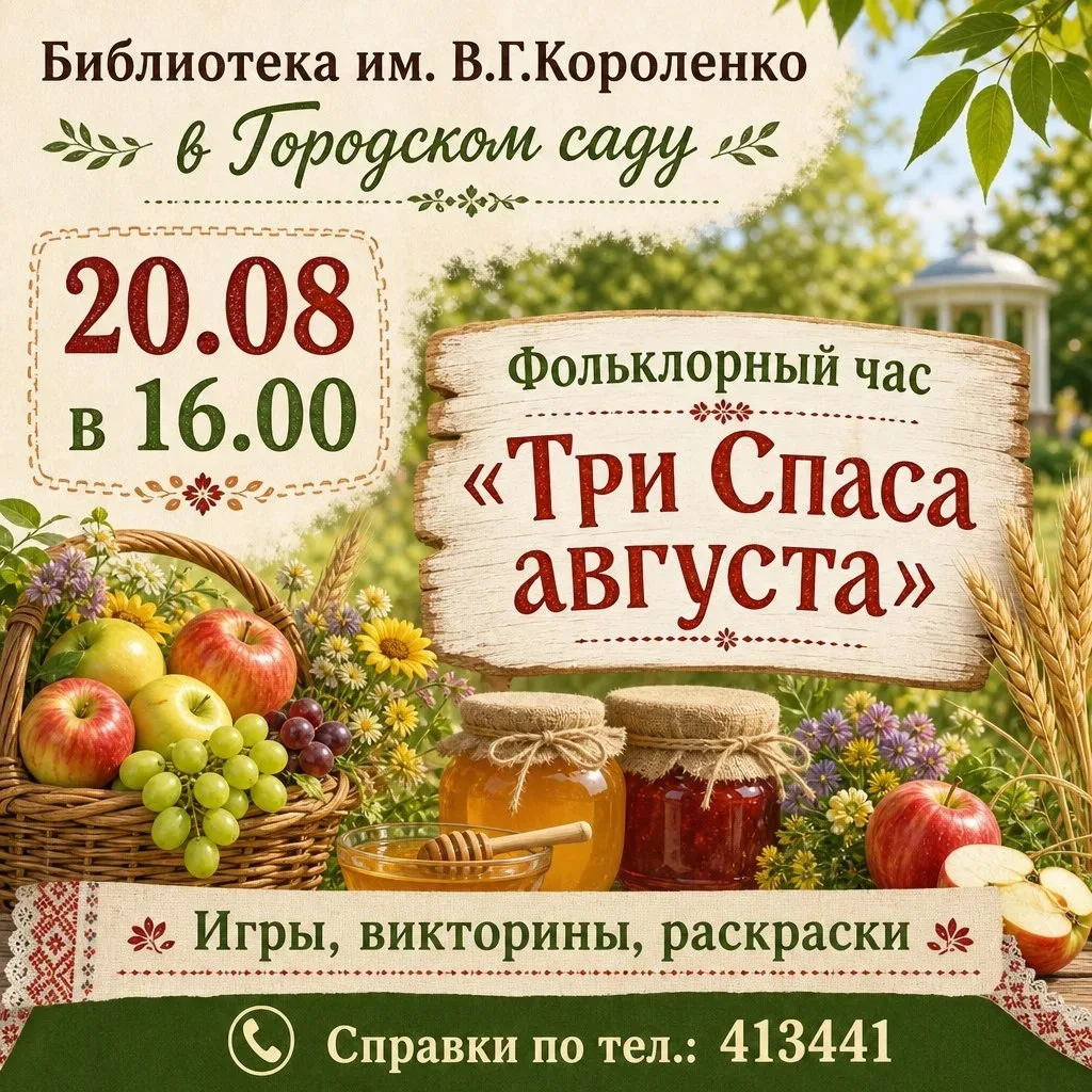 🍀Библиотека им. В.Г.Короленко приглашает всех на фольклорный час "Три Спаса августа". ...