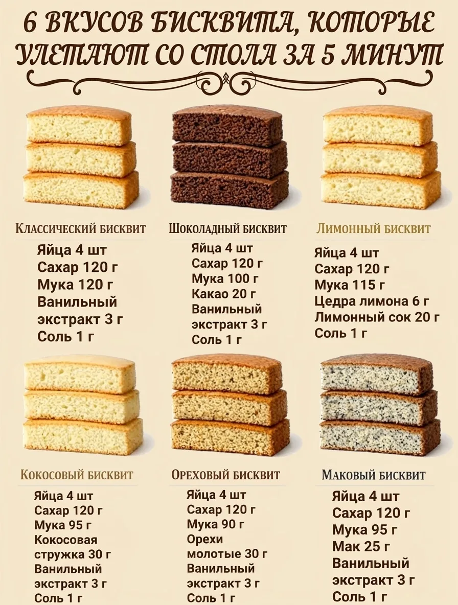 6 ВКУСОВ БИСКВИТА    которые улетают со стола за 5 минут 🍰🔥  Сохраняй - это база, которая выручает в