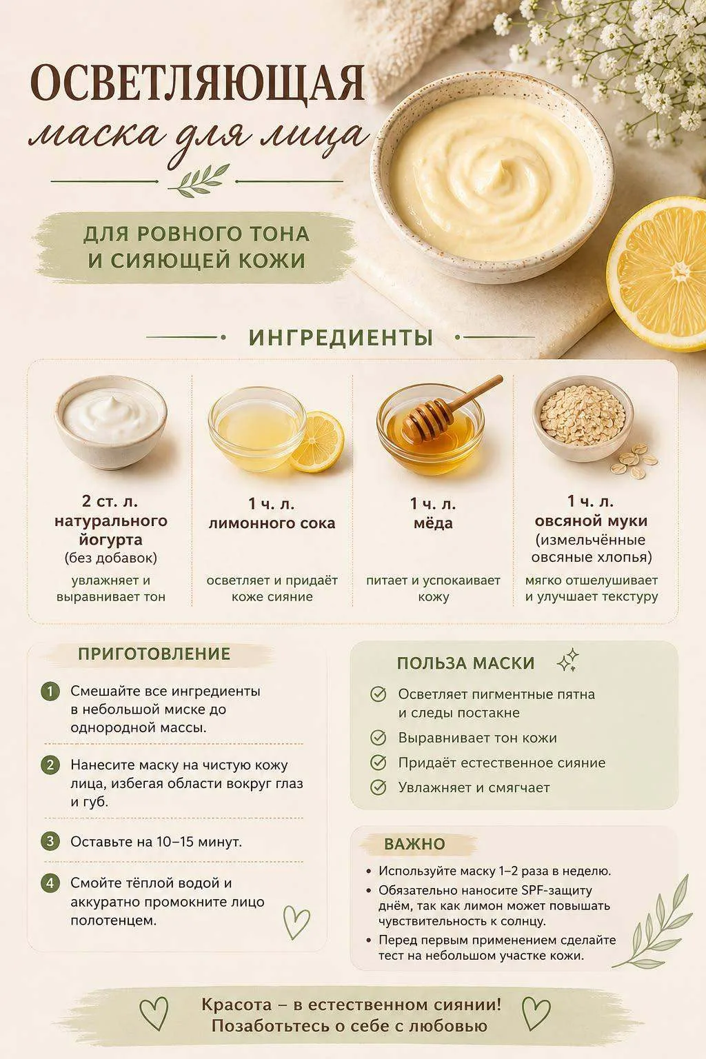 💛 Сияй естественно!

Осветляющая маска для лица — свежесть и ровный тон за один уход.

* Соблюдайте