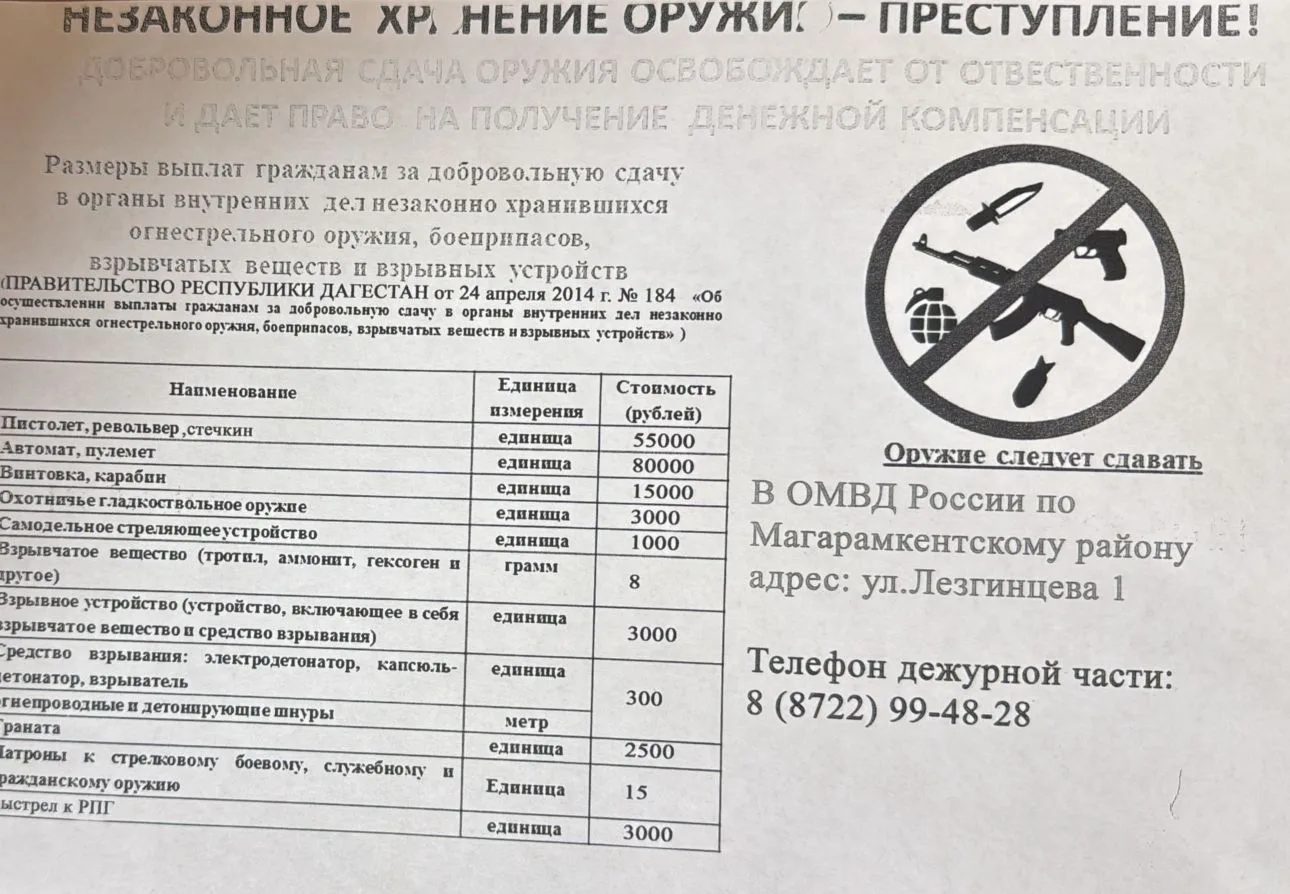 ОМВД России по Магарамкентскому району напоминает об операции "Оружие -выкуп" .