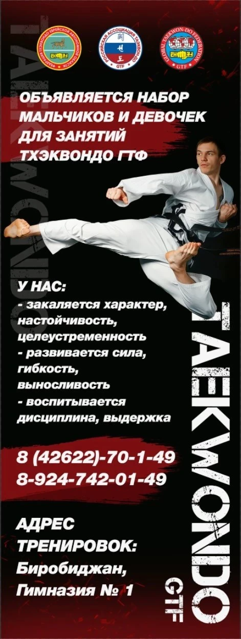 ⚡️ В Биробиджане открыт набор в секцию тхэквондо ГТФ