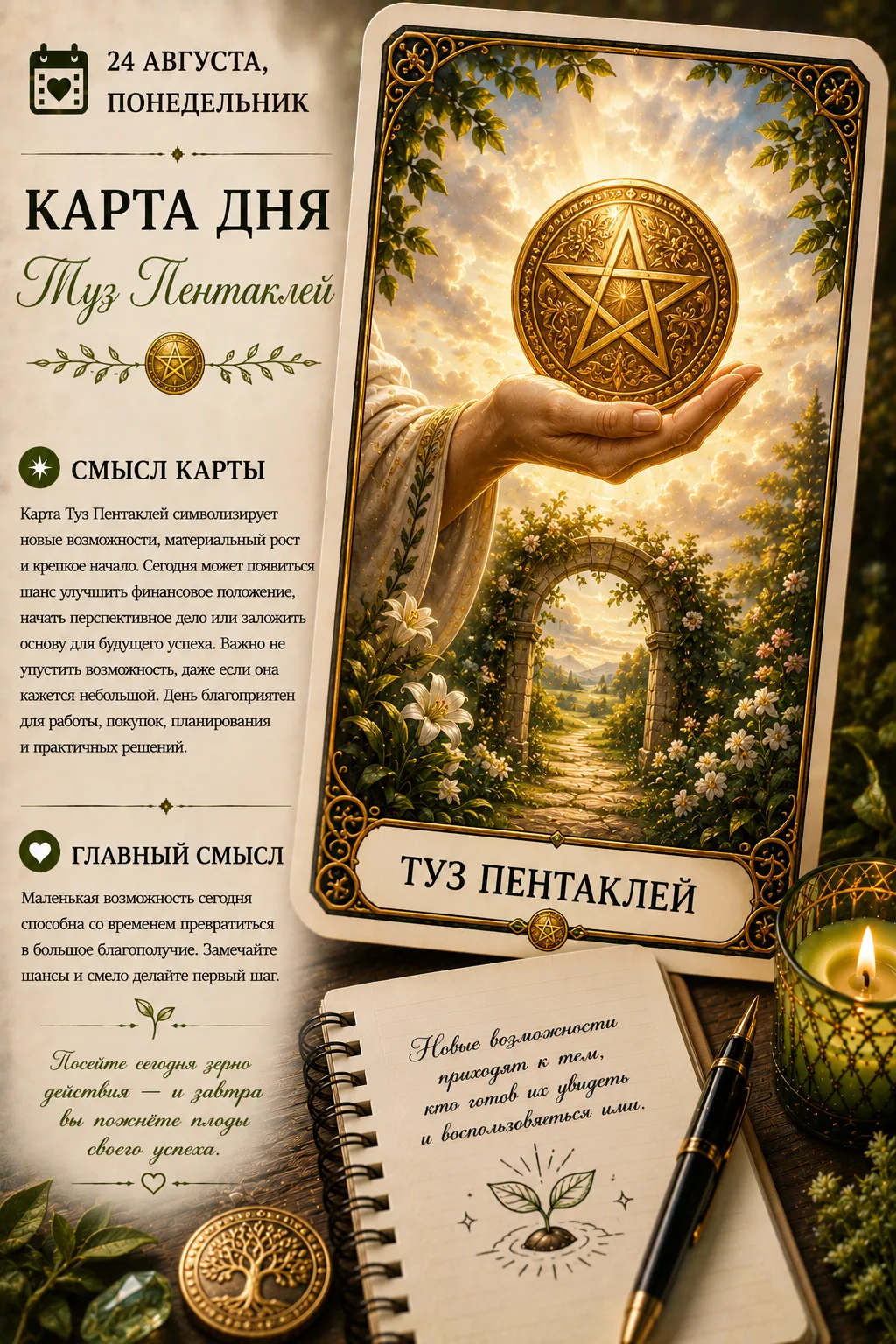 📅 24 августа, понедельник — карта дня: Туз Пентаклей 🌱