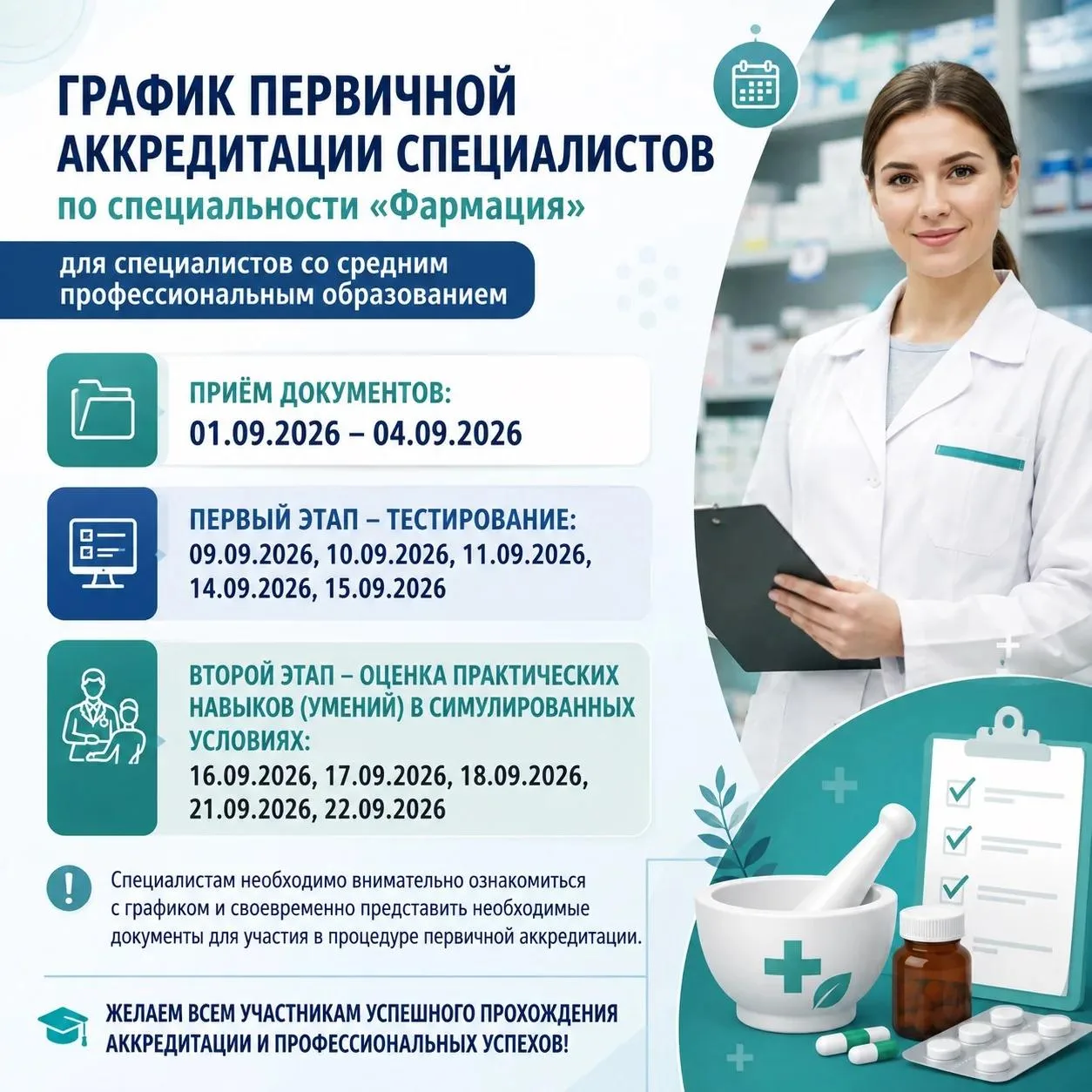 📢 График первичной аккредитации специалистов по специальности «Фармация»