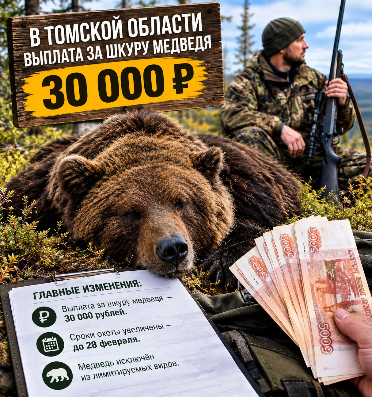 🐻 В Томской области ввели выплату 30 тысяч рублей за шкуру медведя