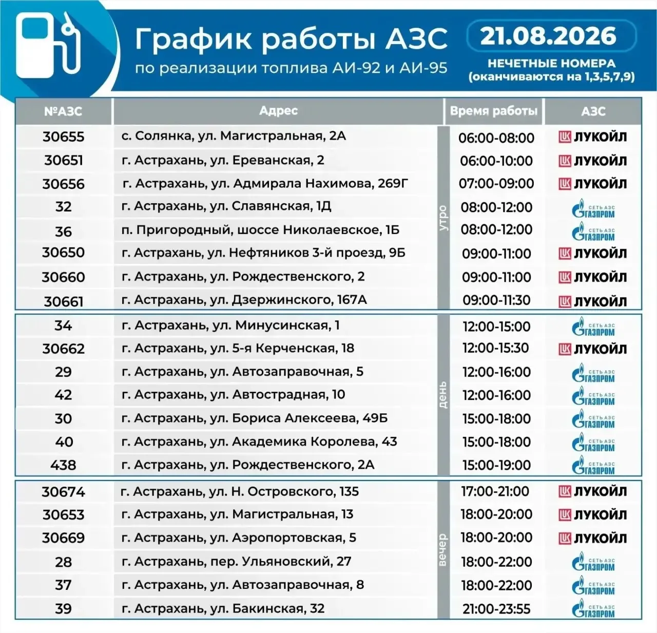 Актуальный график работы АЗС на 21 августа.