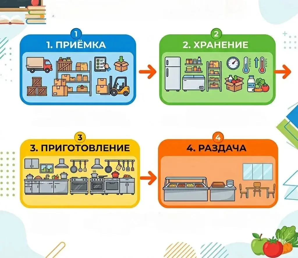 ВЫПУСК 3. «Путь продукта: от приемки до тарелки» 

🚚 ПРИЁМКА
С самого утра — строгий контроль: пров