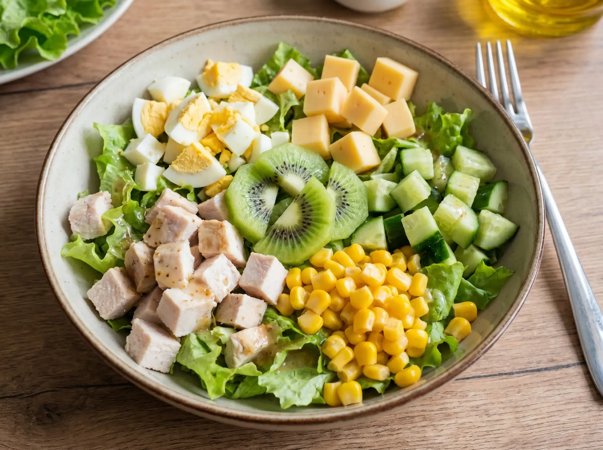 🥗 Салат с киви, курицей и сыром 🍎

Ингредиенты:
Куриное филе — 200 г 🍗  
Яйца — 2 шт. 🍳  
Сыр тв