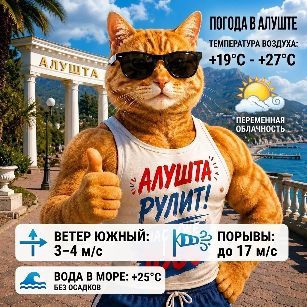 🌤️ Алушта, сегодня отличный день для моря и прогулок!

Воздух прогреется до +27 °C, переменная обла