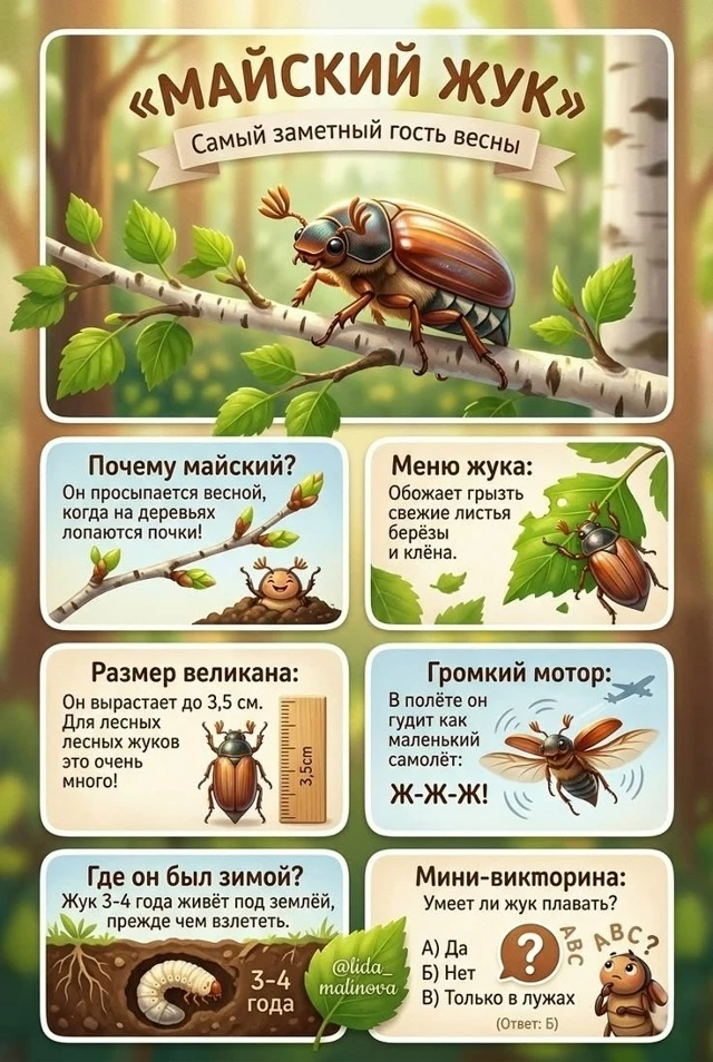 🌱 Удивительный факт: прежде чем взлететь, майский жук живёт под землёй 3–4 года!