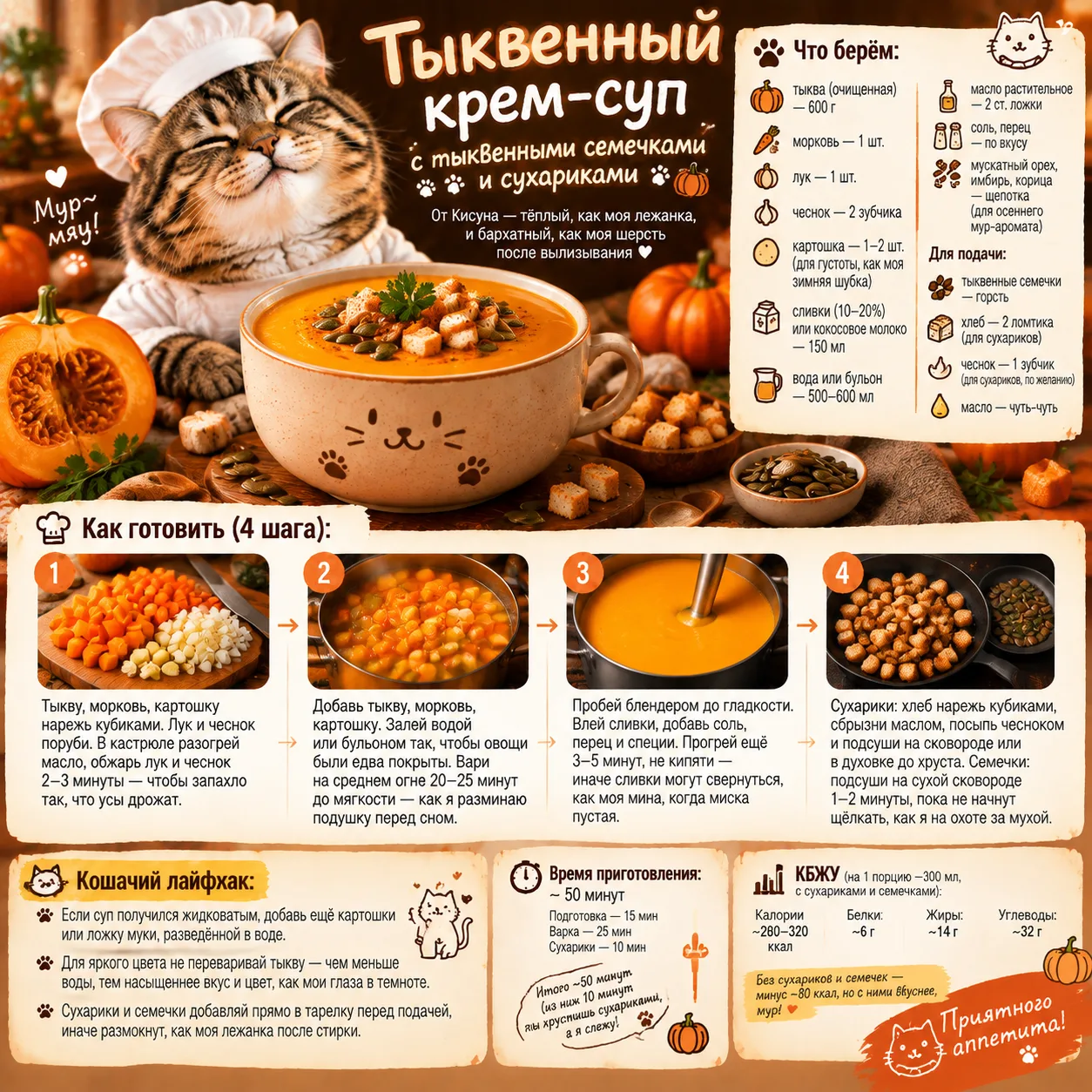 🐱 Тыквенный крем-суп с тыквенными семечками и сухариками