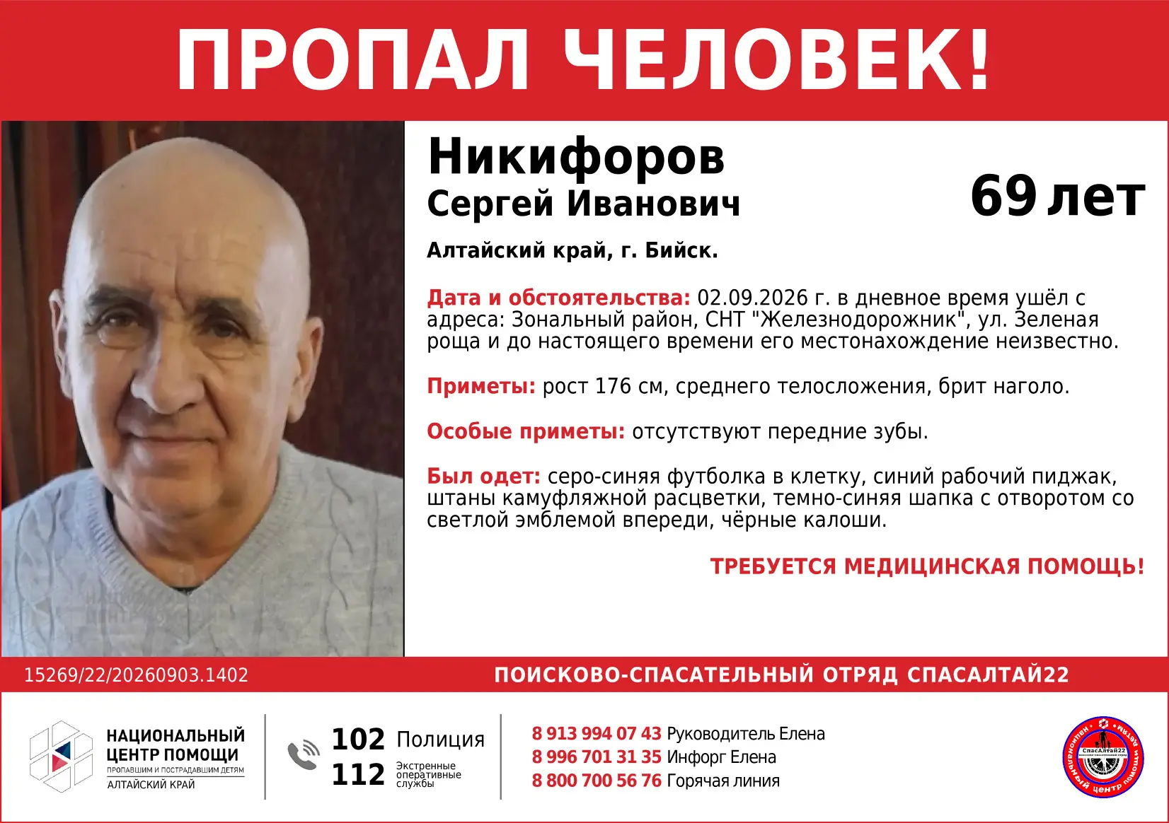 🆘 #Алтайский край, #Бийск, 🆘 #Никифоров Сергей Иванович, 69 лет.